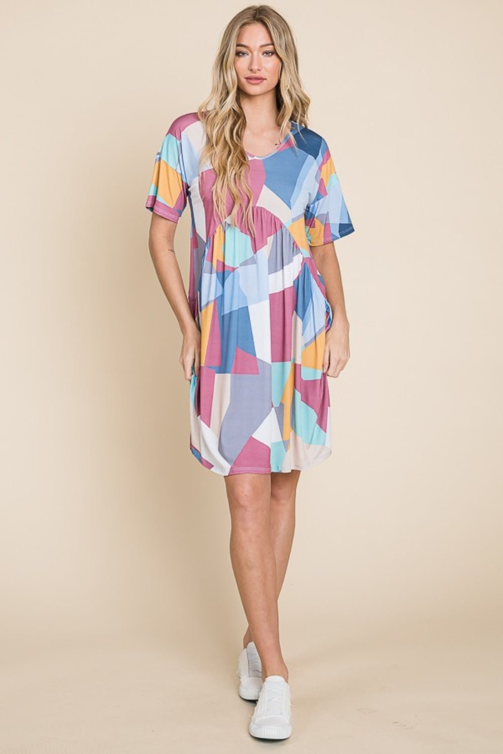 BOMBOM Ruched Color Block Short Sleeve Dress - Loulou Boutique