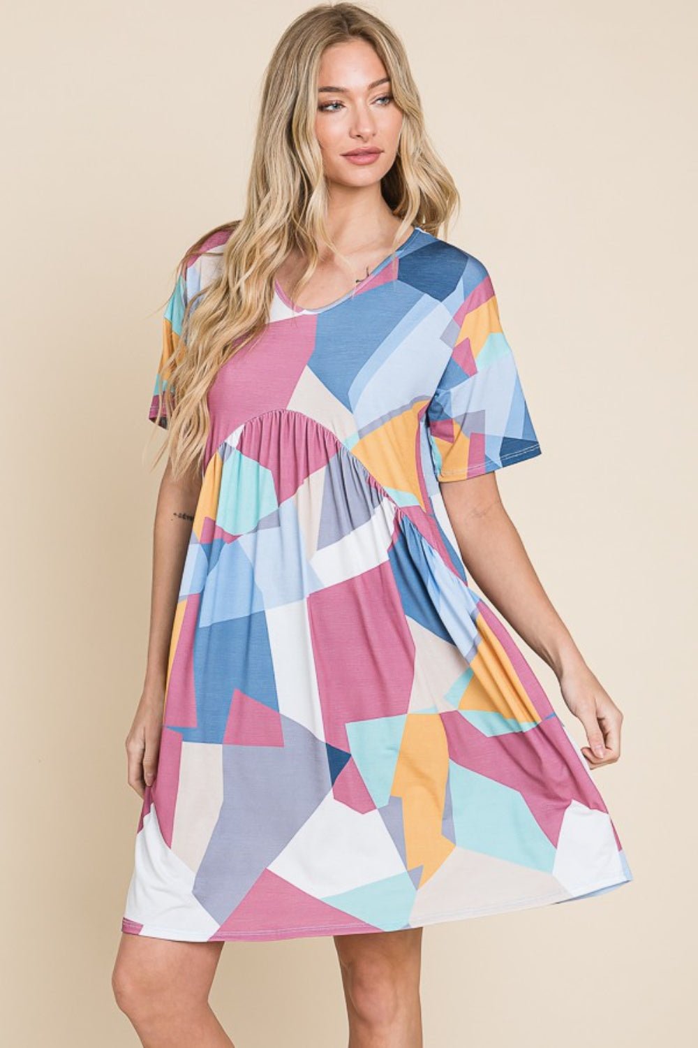 BOMBOM Ruched Color Block Short Sleeve Dress - Loulou Boutique