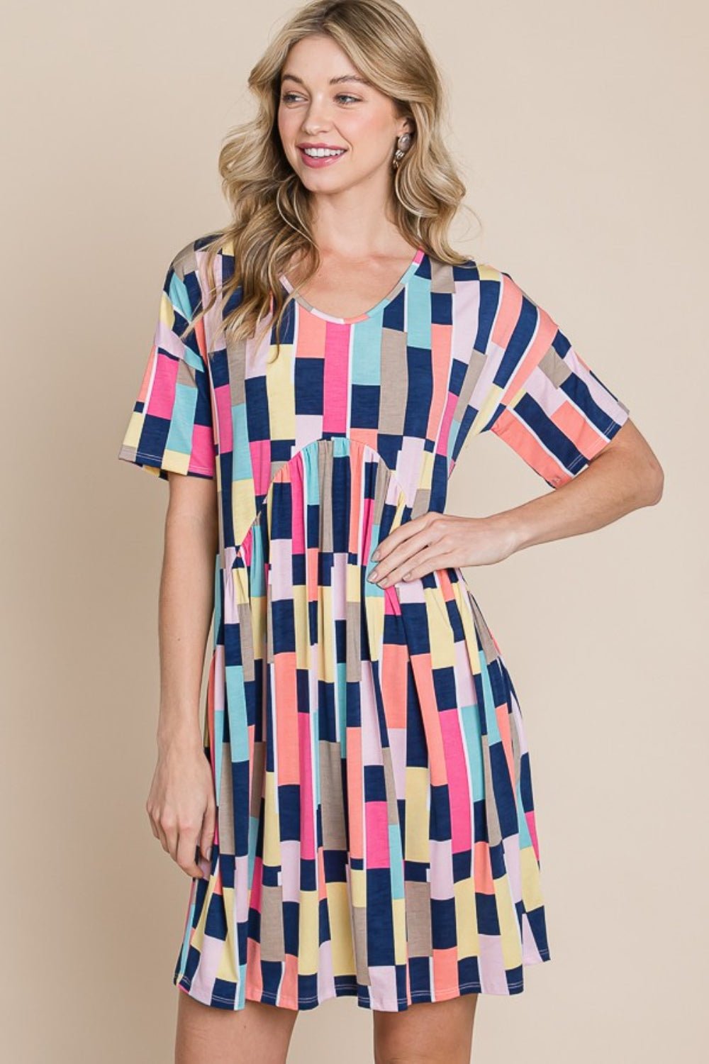 BOMBOM Ruched Color Block Short Sleeve Mini Dress - Loulou Boutique