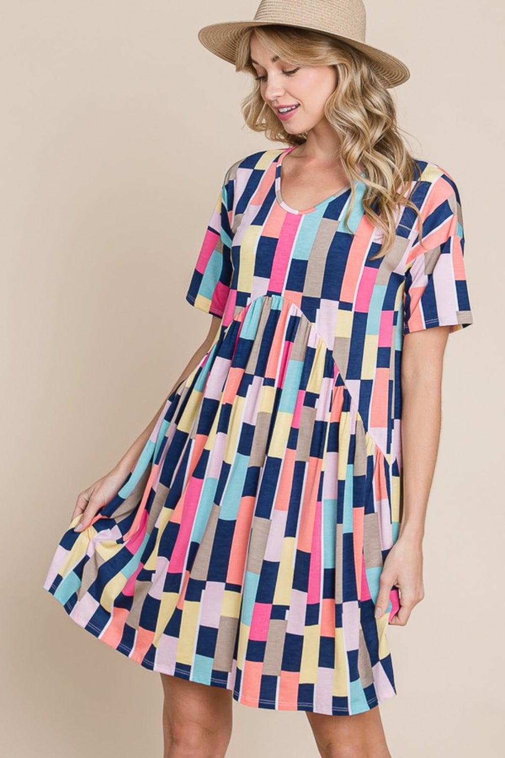 BOMBOM Ruched Color Block Short Sleeve Mini Dress - Loulou Boutique