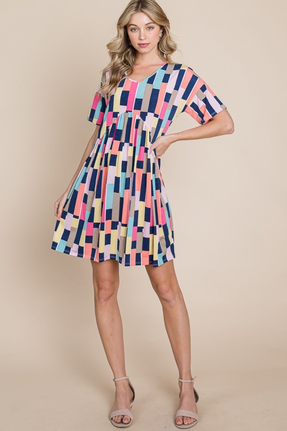 BOMBOM Ruched Color Block Short Sleeve Mini Dress - Loulou Boutique