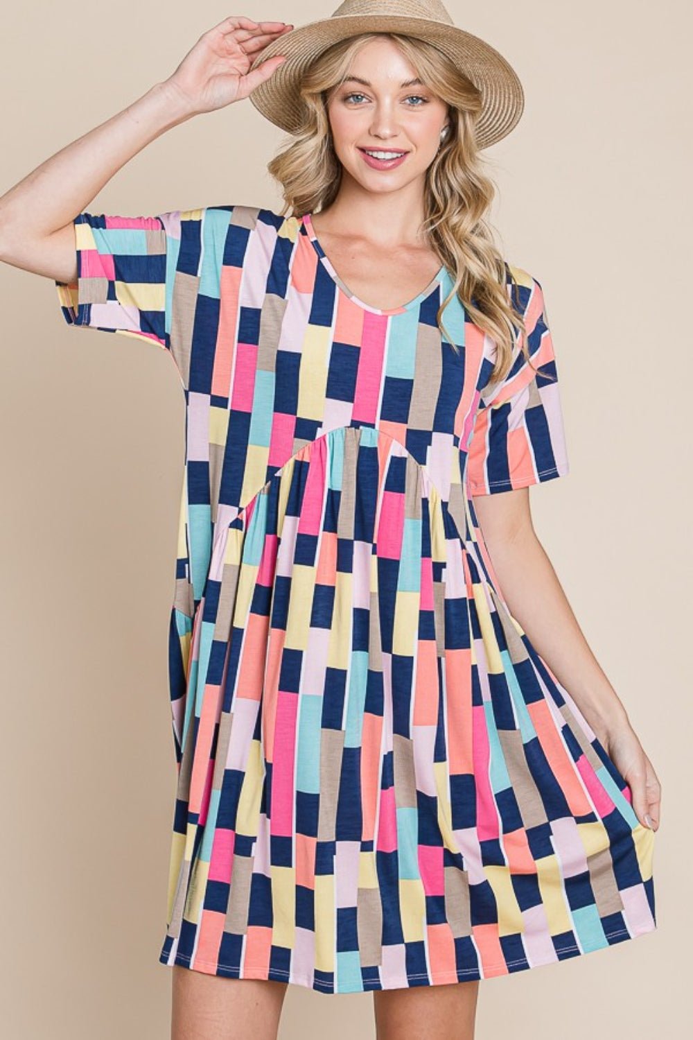 BOMBOM Ruched Color Block Short Sleeve Mini Dress - Loulou Boutique