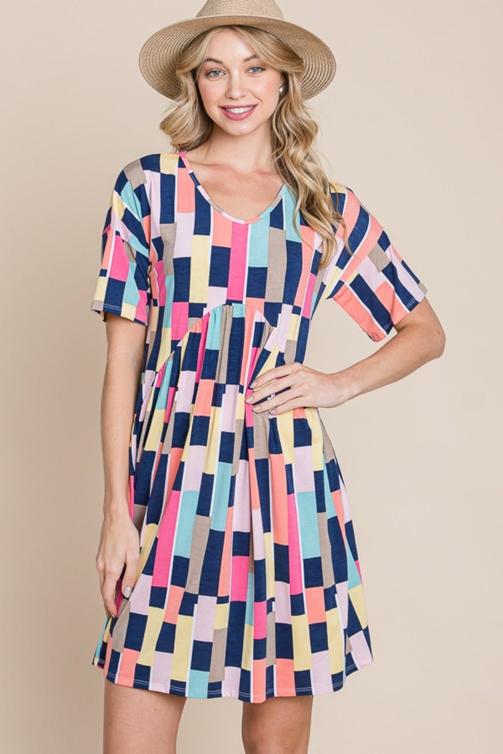 BOMBOM Ruched Color Block Short Sleeve Mini Dress - Loulou Boutique