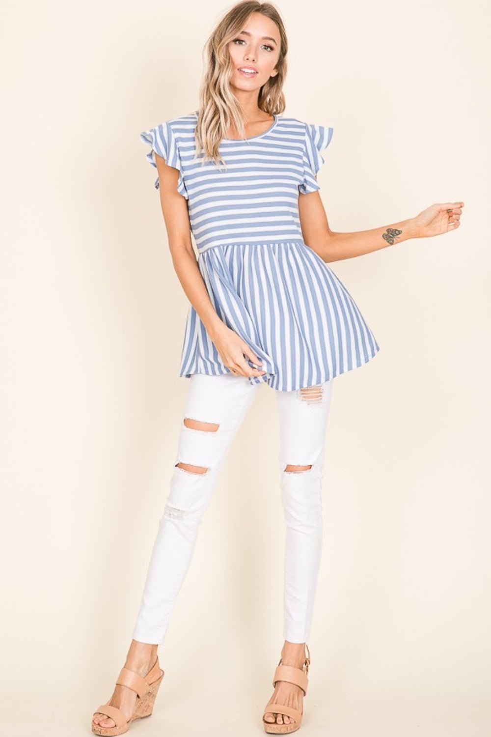 BOMBOM Striped Round Neck Blouse - Loulou Boutique