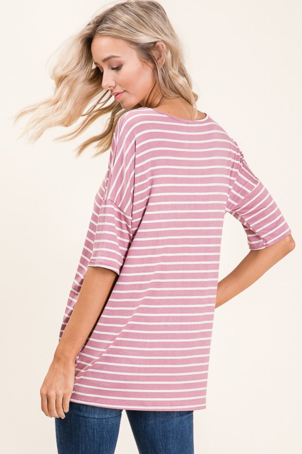 BOMBOM Striped Round Neck Half Sleeve T-Shirt - Loulou Boutique