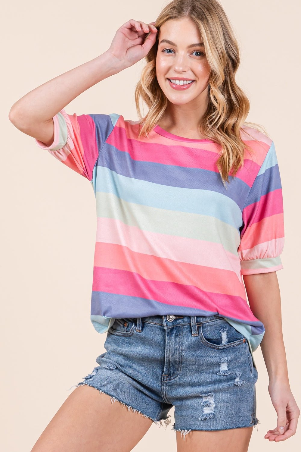 BOMBOM Striped Round Neck Half Sleeve T-Shirt - Loulou Boutique