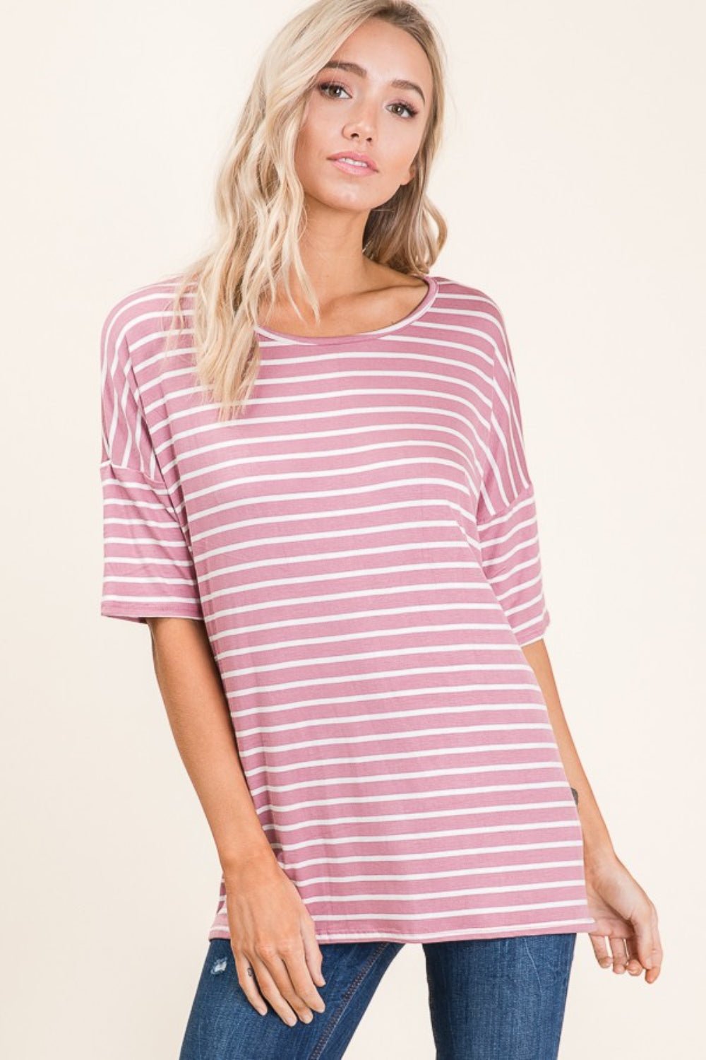 BOMBOM Striped Round Neck Half Sleeve T-Shirt - Loulou Boutique