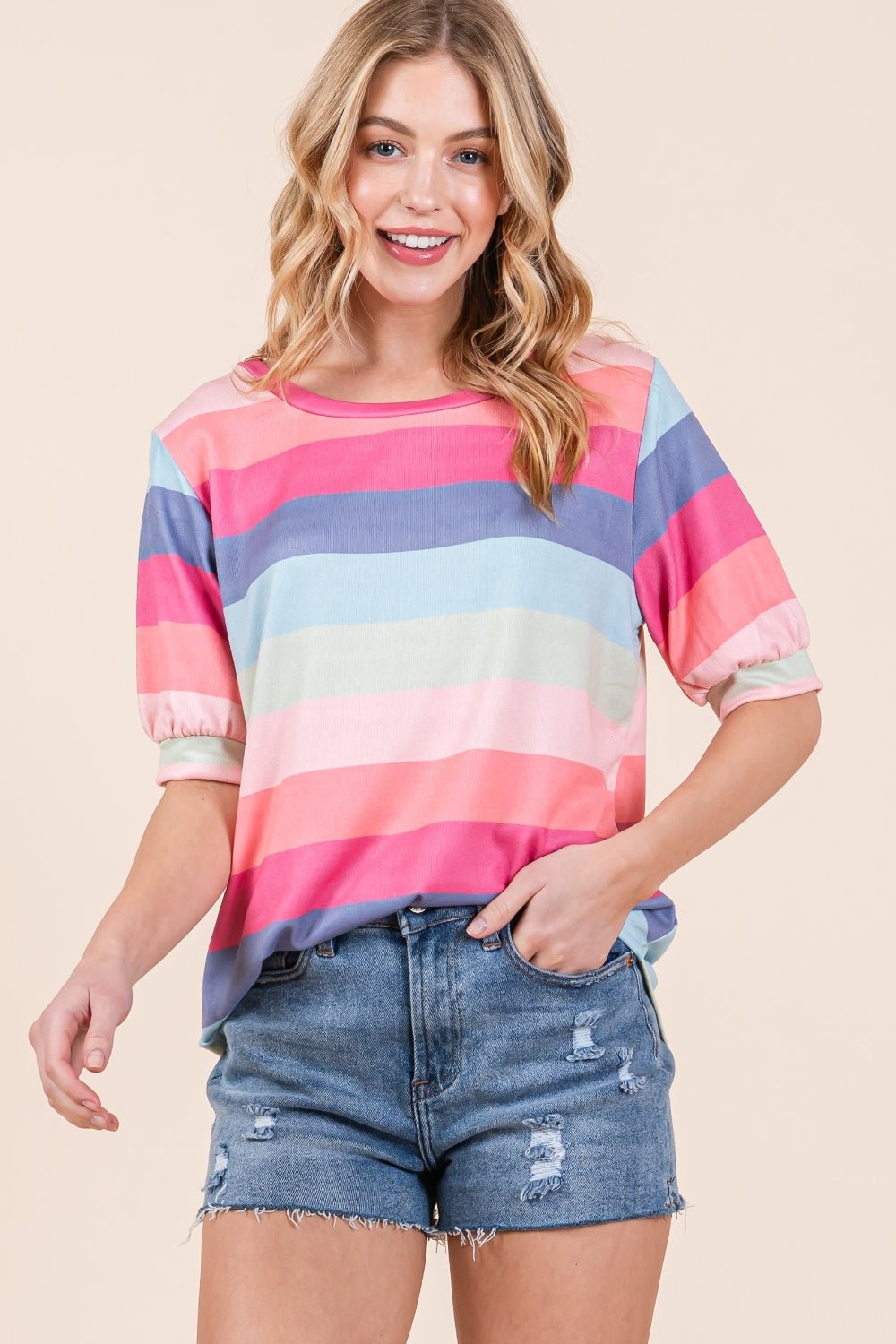 BOMBOM Striped Round Neck Half Sleeve T-Shirt - Loulou Boutique