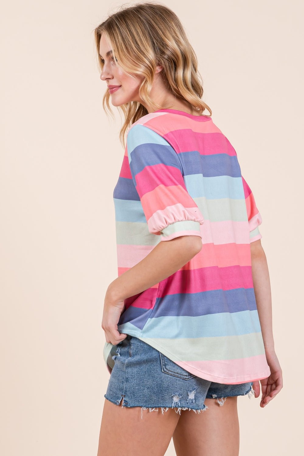 BOMBOM Striped Round Neck Half Sleeve T-Shirt - Loulou Boutique