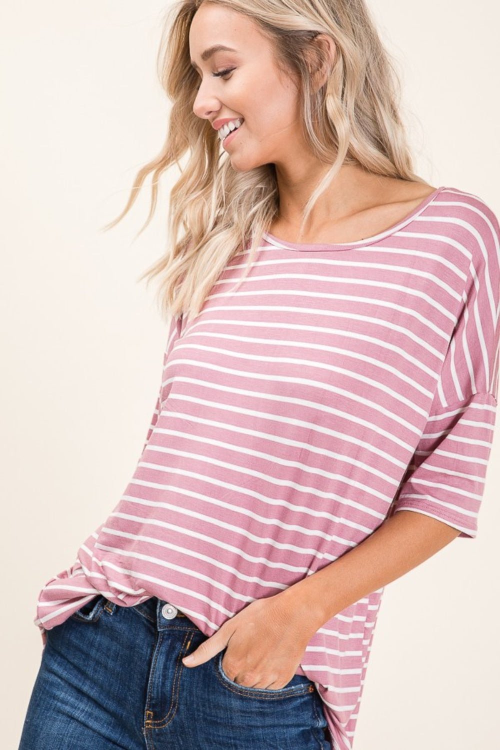 BOMBOM Striped Round Neck Half Sleeve T-Shirt - Loulou Boutique