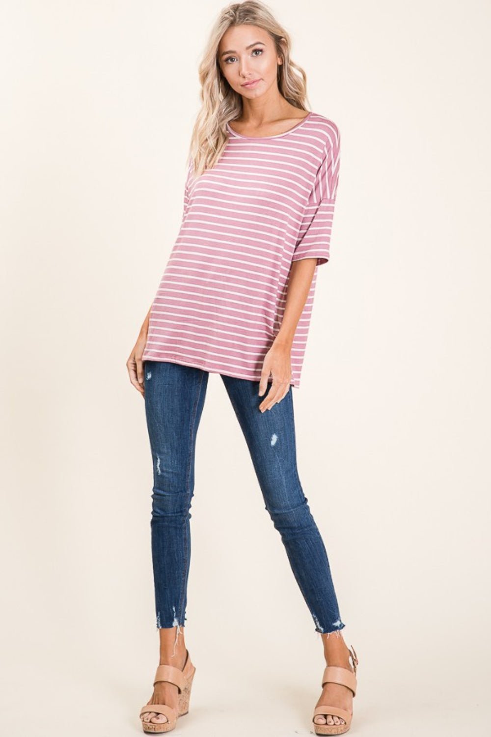 BOMBOM Striped Round Neck Half Sleeve T-Shirt - Loulou Boutique