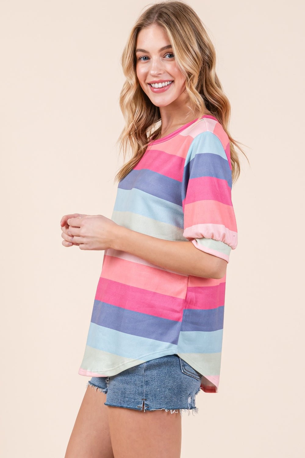 BOMBOM Striped Round Neck Half Sleeve T-Shirt - Loulou Boutique