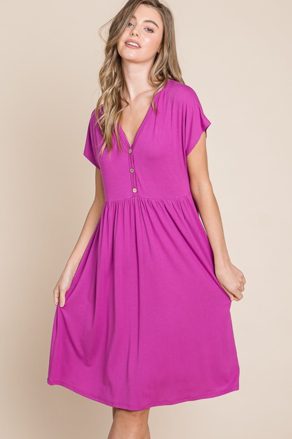 BOMBOM V - Neck Short Sleeve Dress - Loulou Boutique