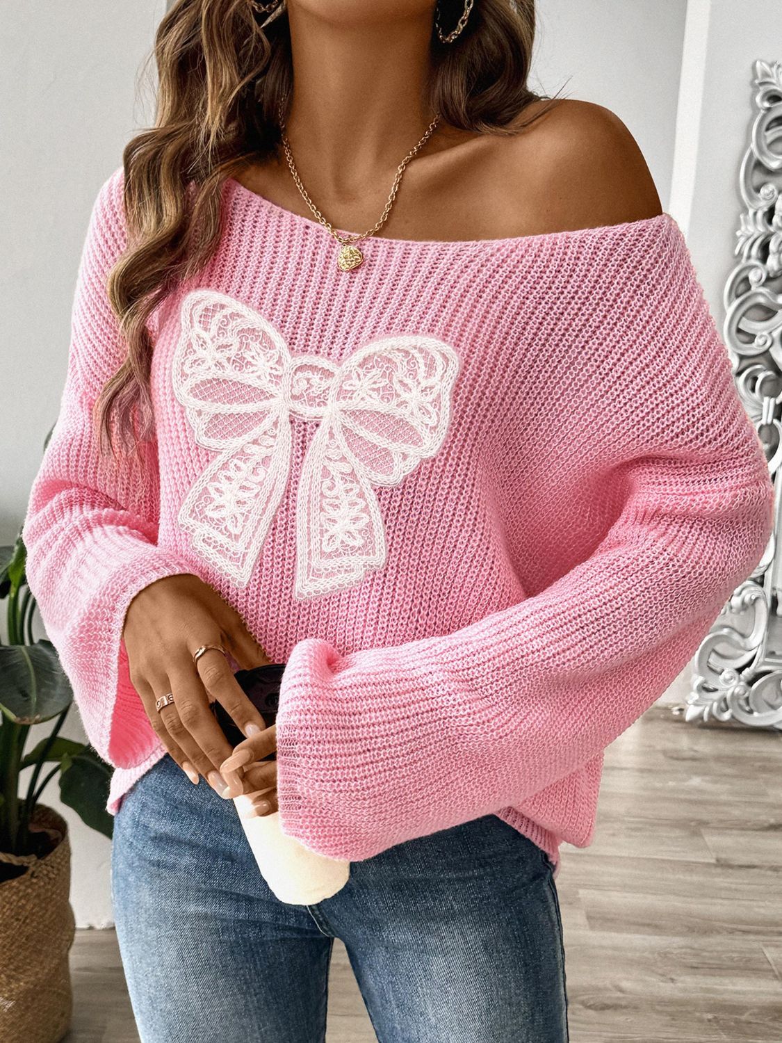 Bow Boat Neck Long Sleeve Sweater - Loulou Boutique