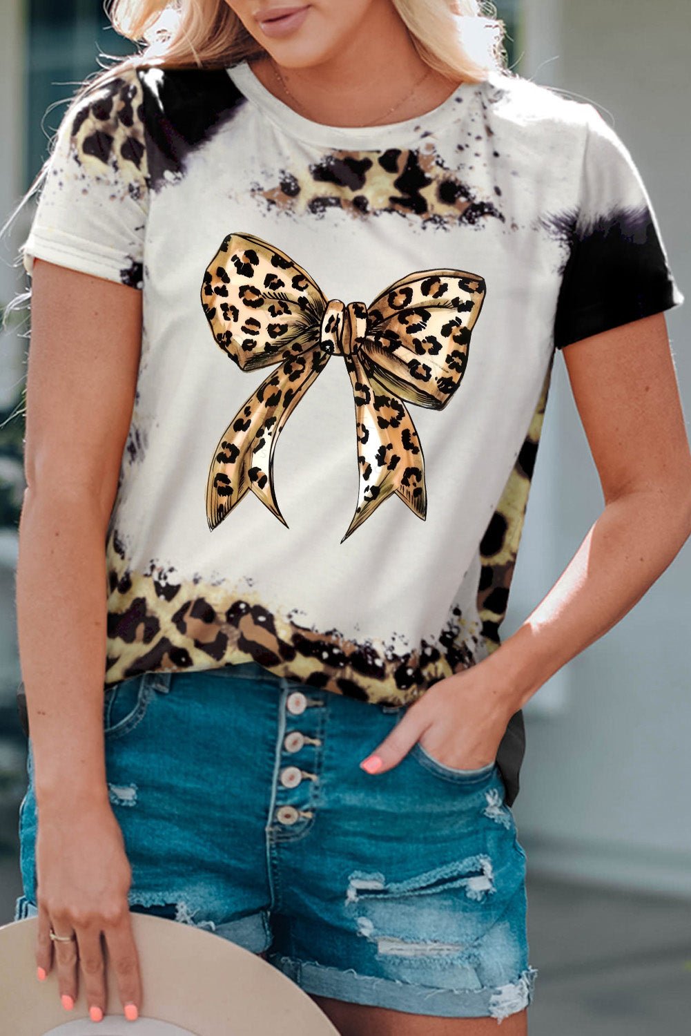 Bow Graphic Leopard Round Neck Short Sleeve T-Shirt - Loulou Boutique