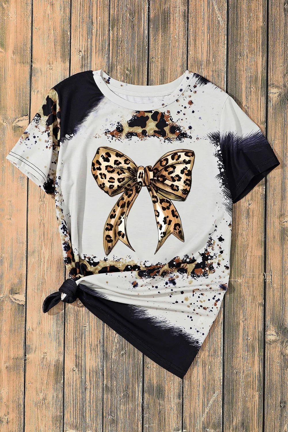 Bow Graphic Leopard Round Neck Short Sleeve T-Shirt - Loulou Boutique