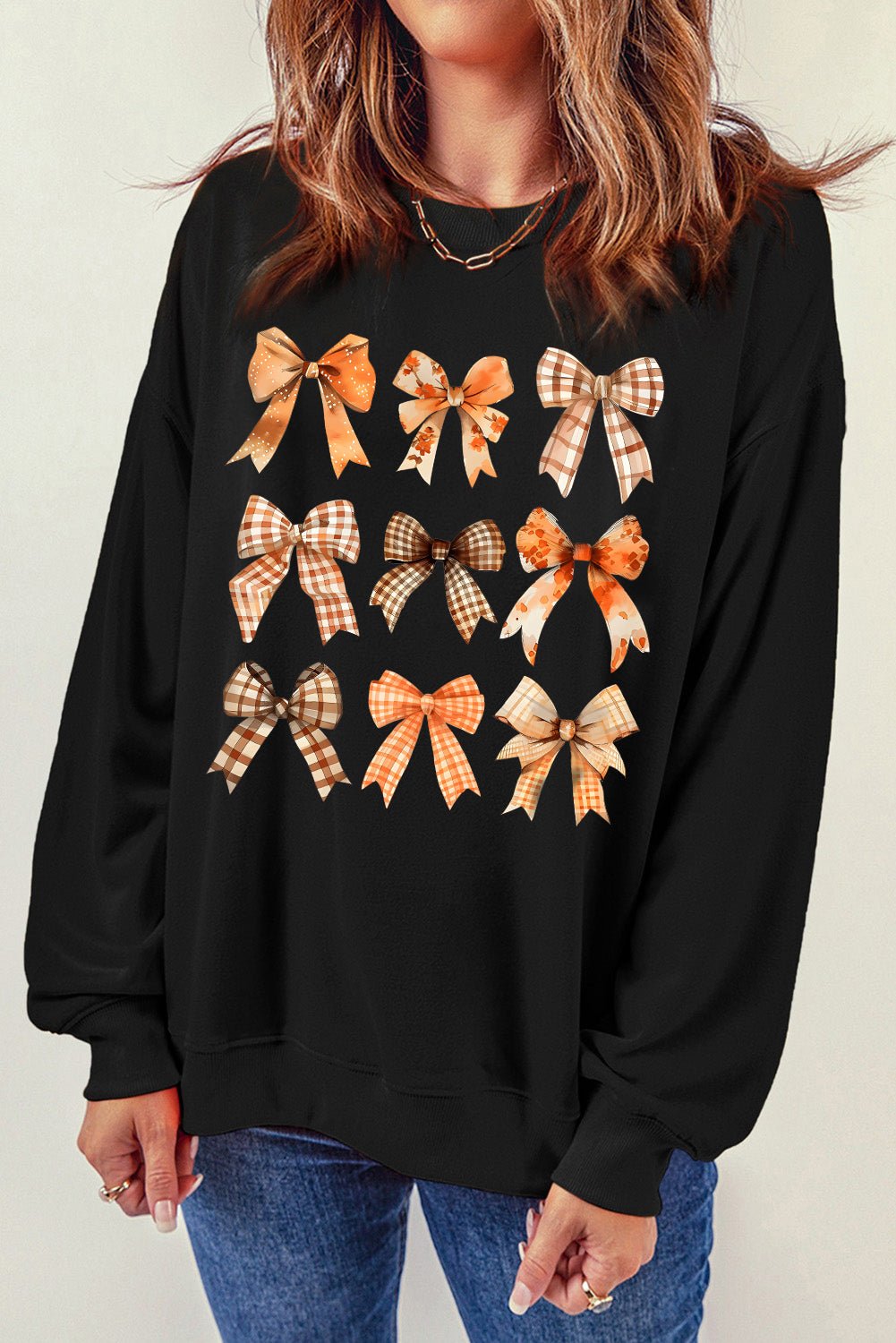 Bow Graphic Round Neck Long Sleeve Sweatshirt - Loulou Boutique