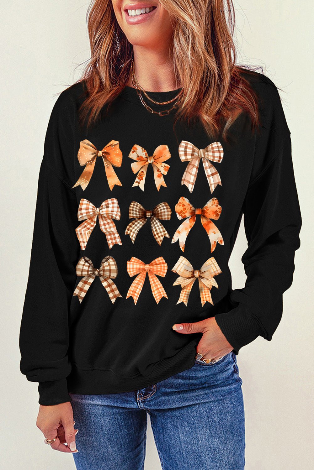 Bow Graphic Round Neck Long Sleeve Sweatshirt - Loulou Boutique