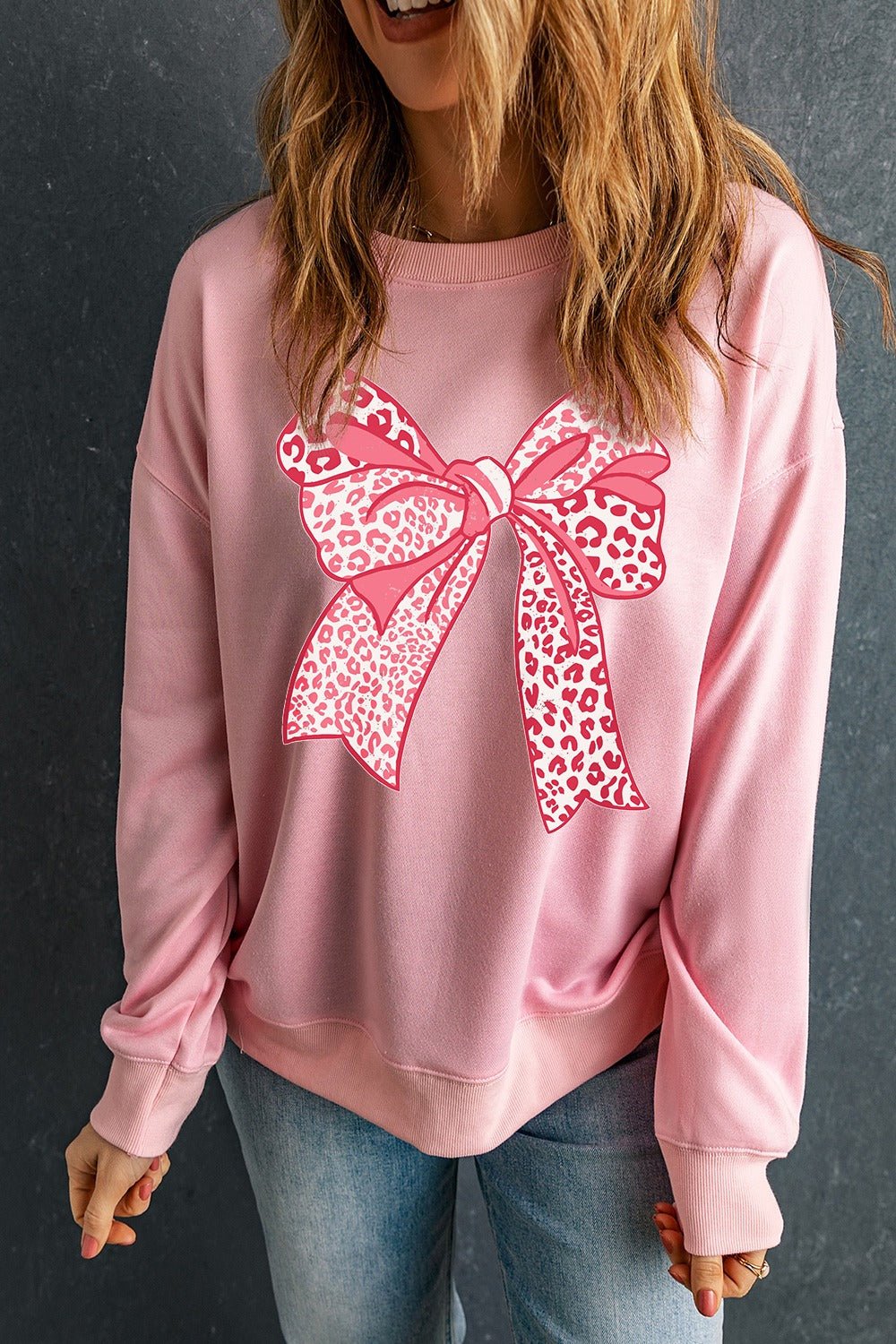 Bow Graphic Round Neck Long Sleeve Sweatshirt - Loulou Boutique