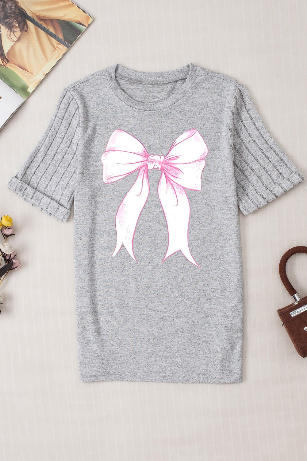 Bow Graphic Round Neck Short Sleeve T - Shirt - Loulou Boutique