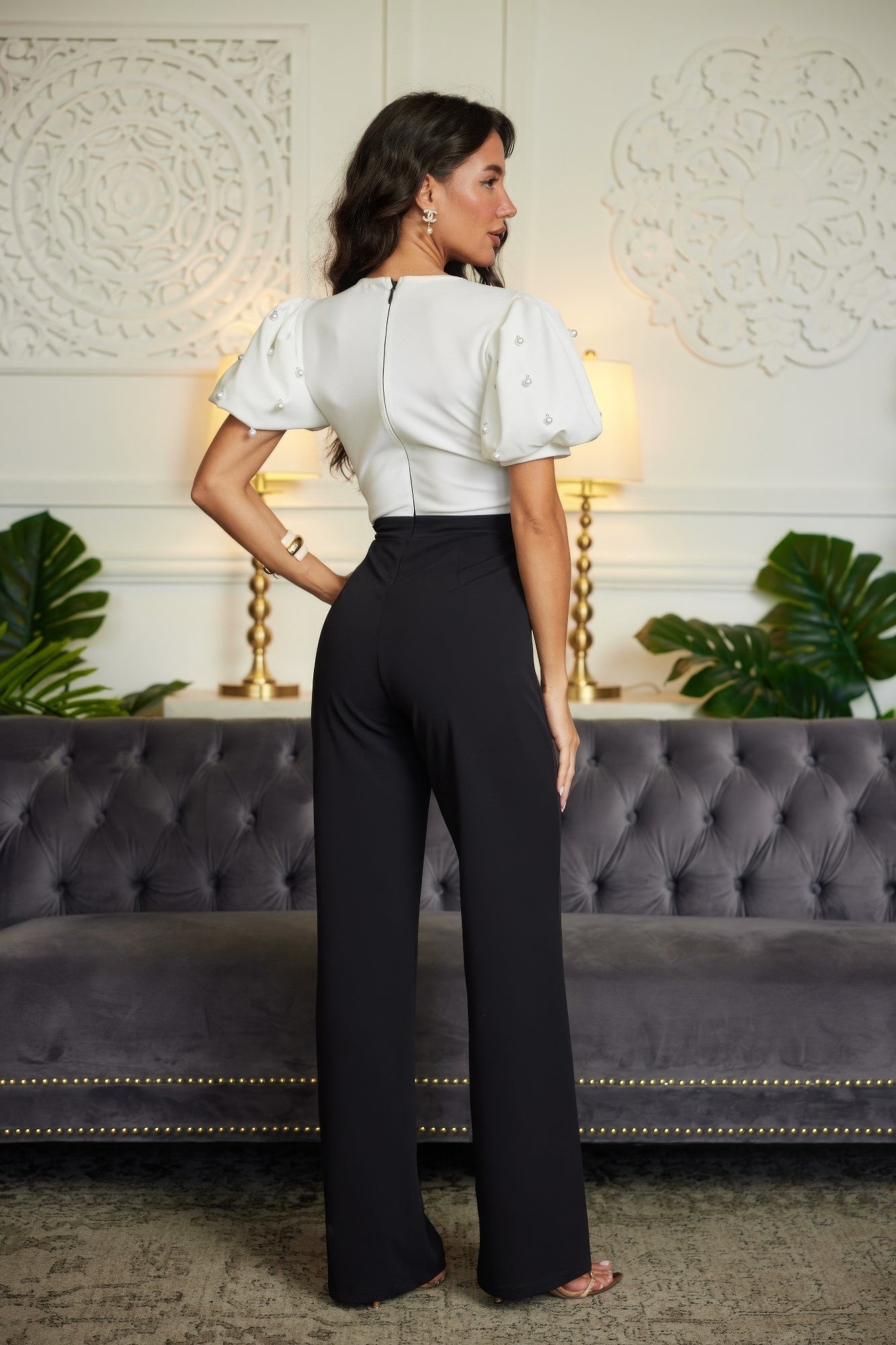 Bow N Pearl Detailed Blk N Wht Fashion Jumpsuit - Loulou Boutique