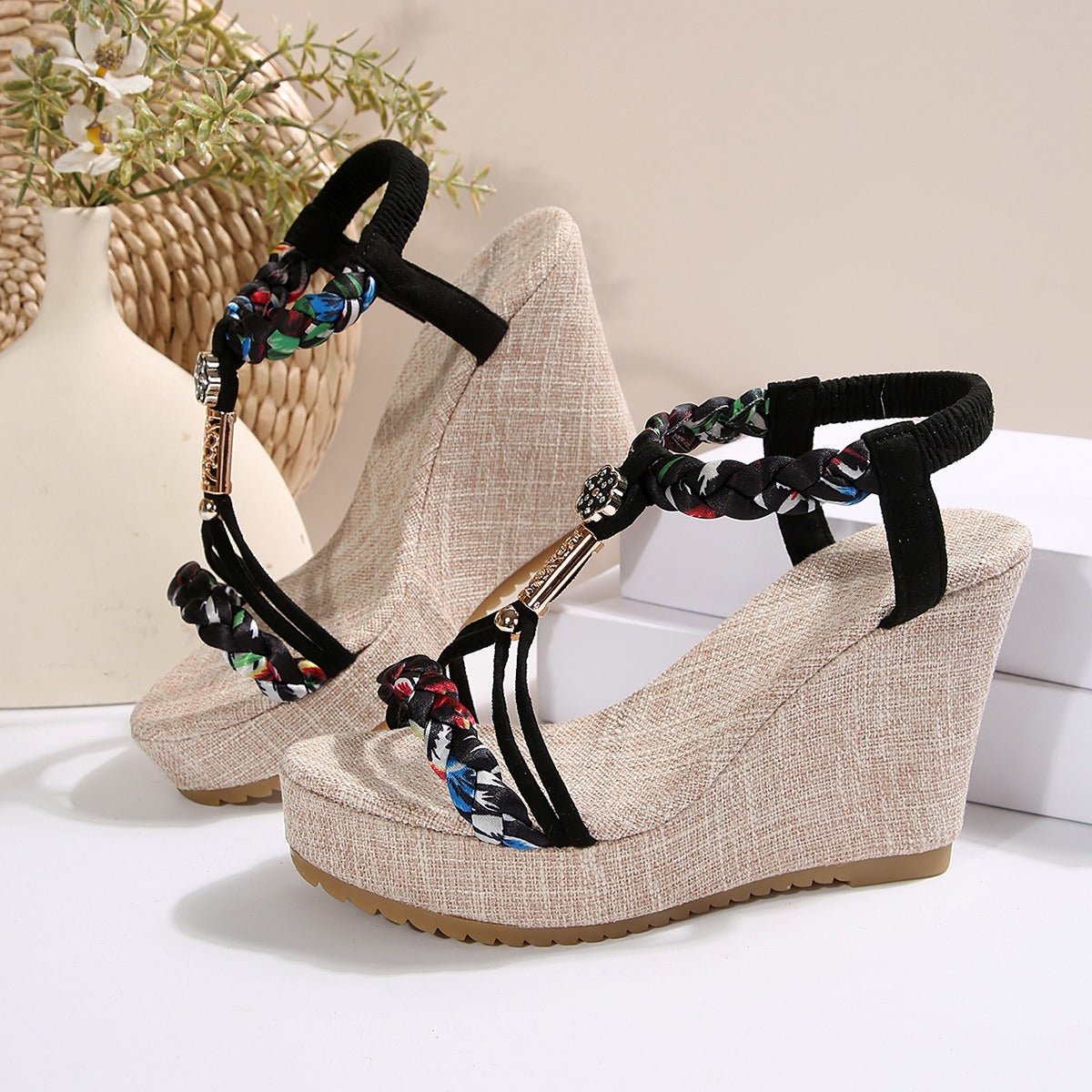 Braided Strap Wedge Sandals - Loulou Boutique