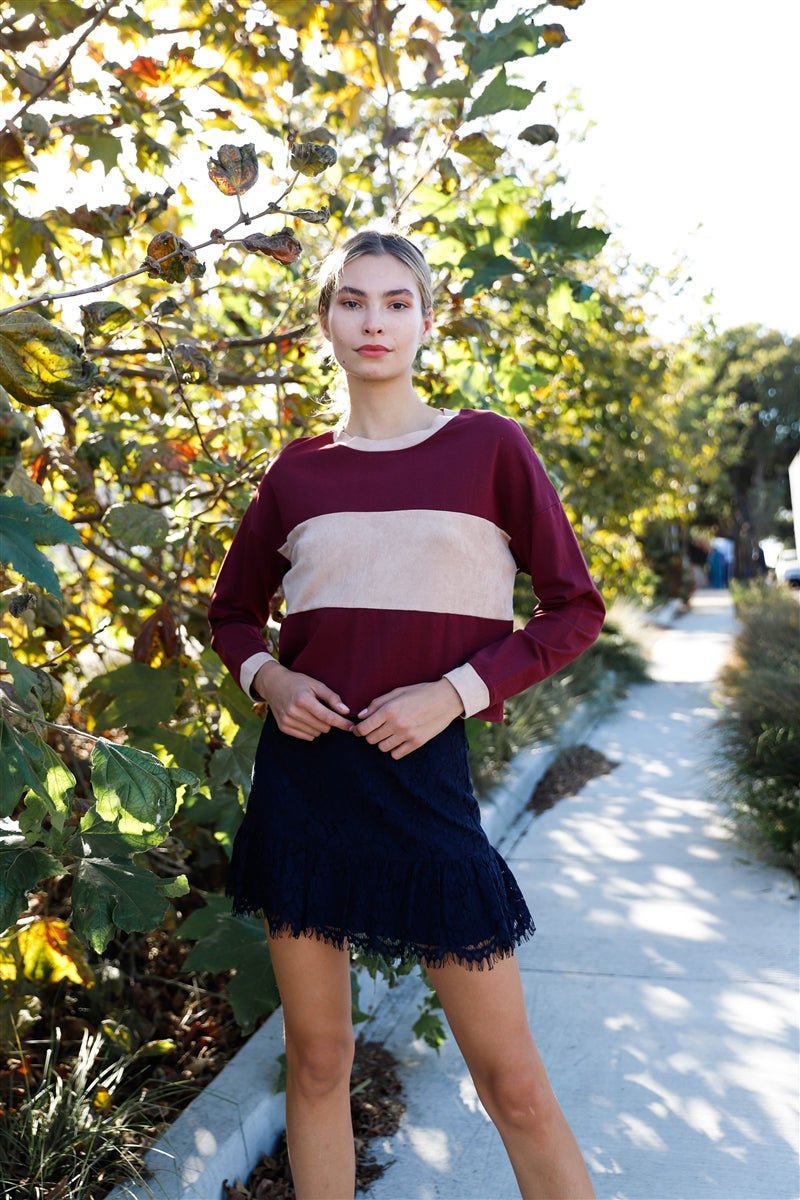 Burgundy Colorblock Long Sleeve Crop Top - Loulou Boutique