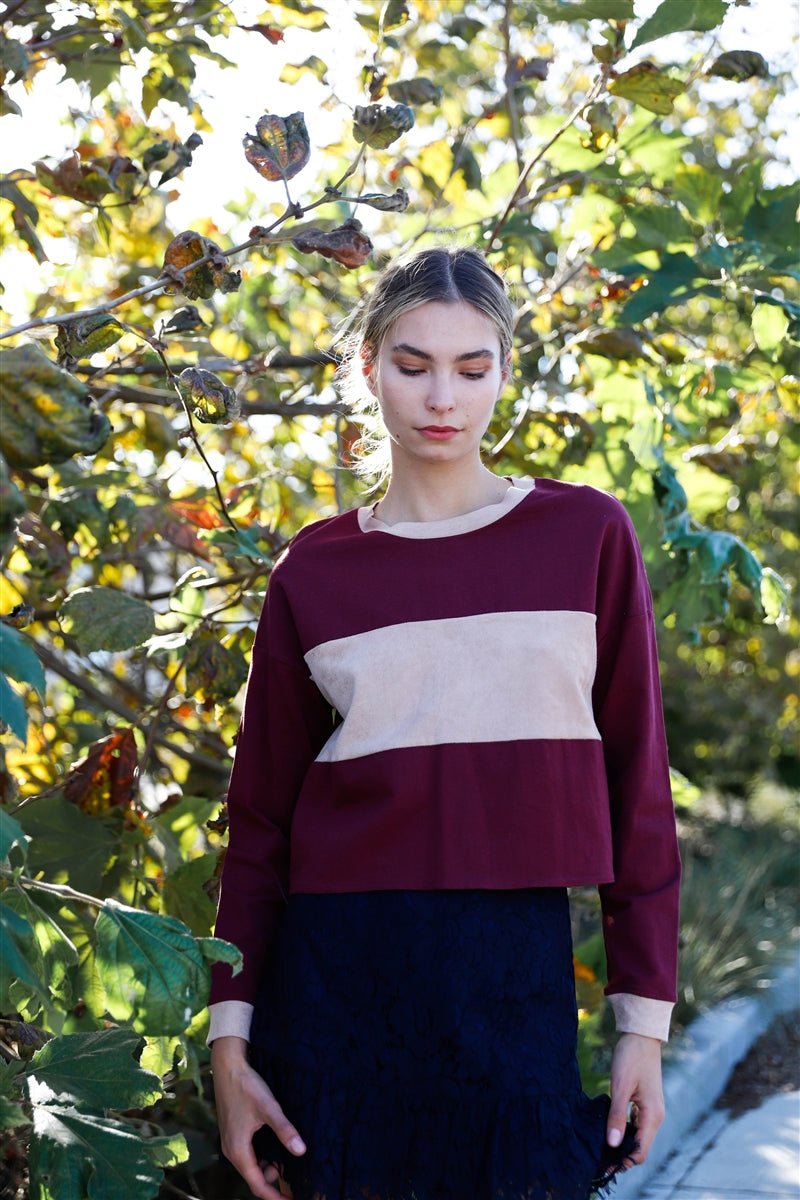 Burgundy Colorblock Long Sleeve Crop Top - Loulou Boutique