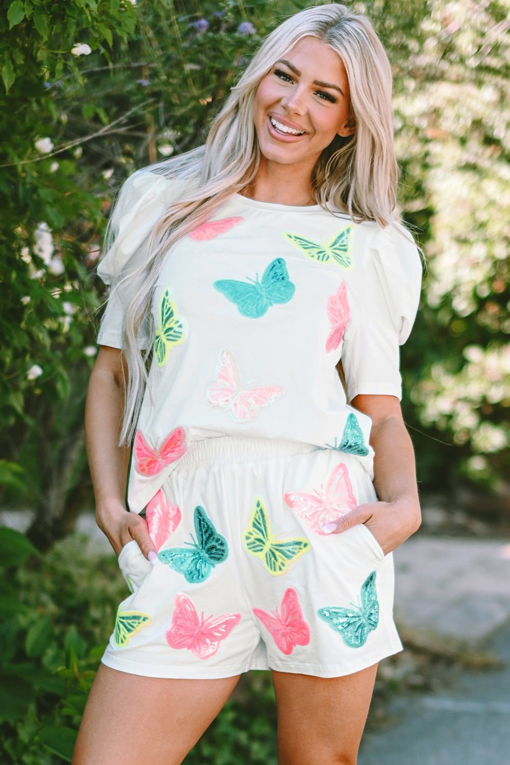 Butterfly Round Neck Top and Shorts Set - Loulou Boutique