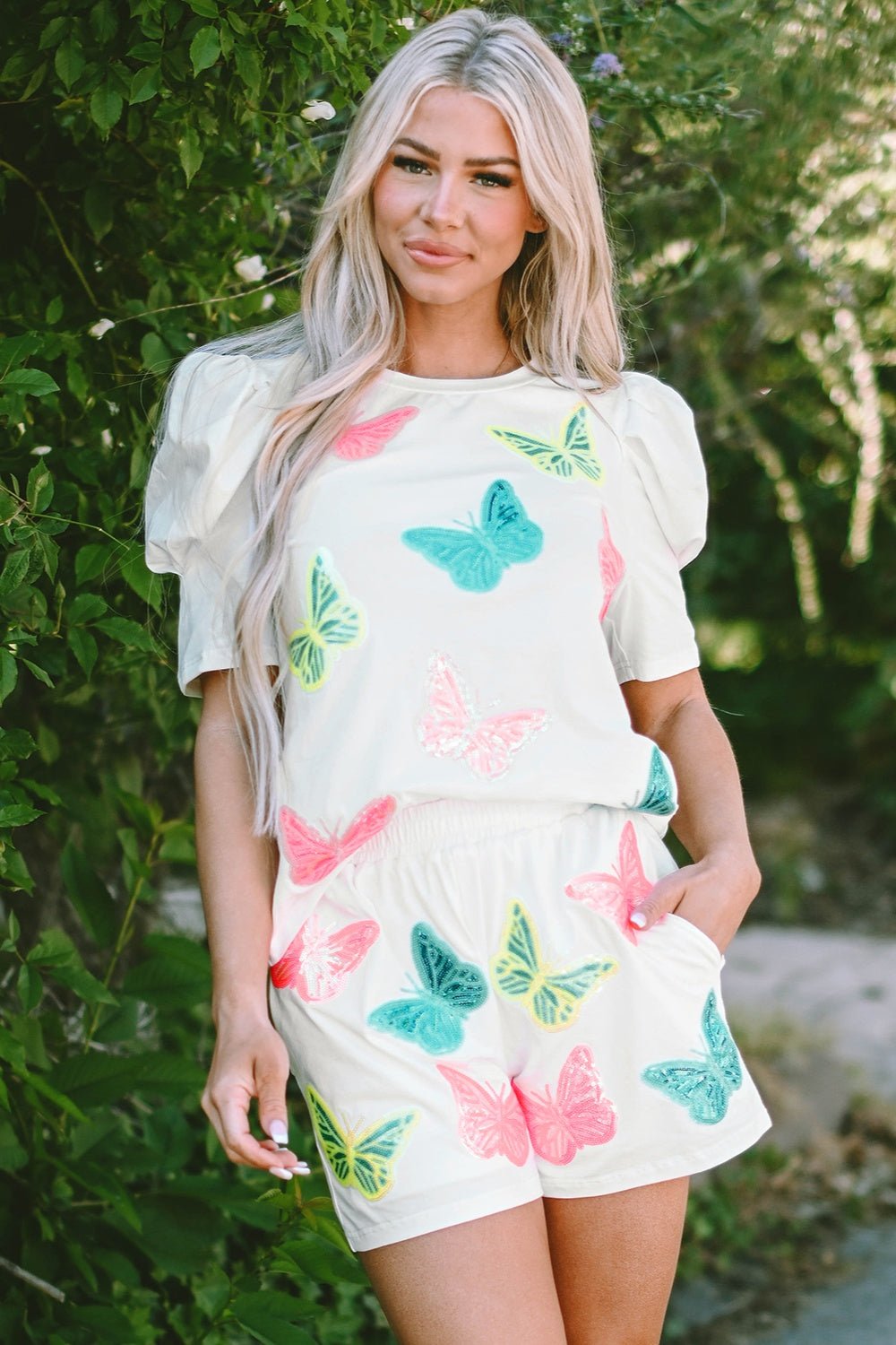 Butterfly Round Neck Top and Shorts Set - Loulou Boutique