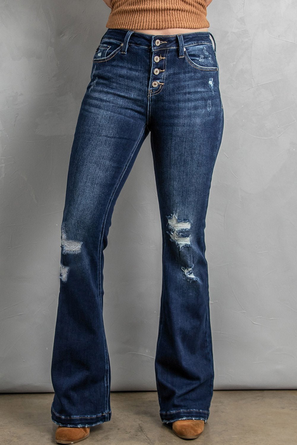 Button Fly Distressed Bootcut Jeans - Loulou Boutique