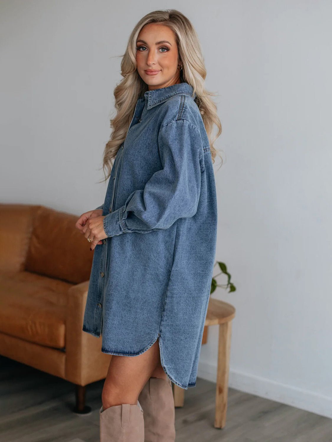 Button Up Collared Neck Long Sleeve Denim Dress - Loulou Boutique