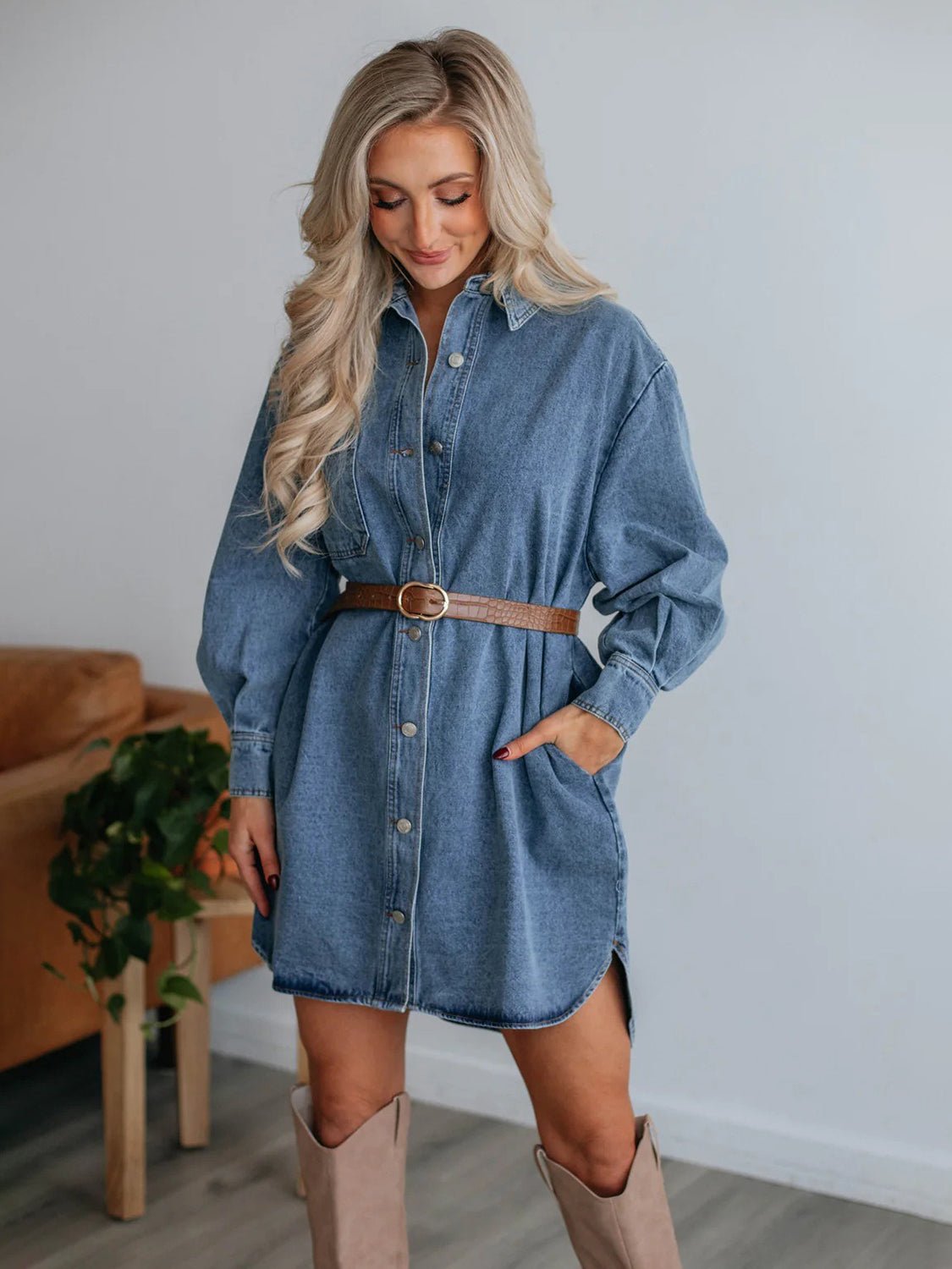 Button Up Collared Neck Long Sleeve Denim Dress - Loulou Boutique