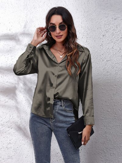 Button Up Collared Neck Long Sleeve Shirt - Loulou Boutique