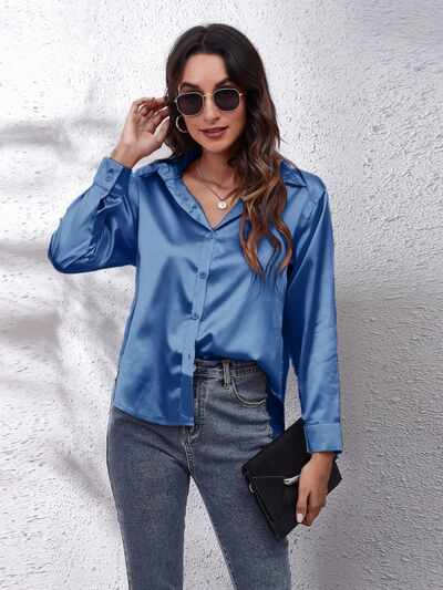 Button Up Collared Neck Long Sleeve Shirt - Loulou Boutique