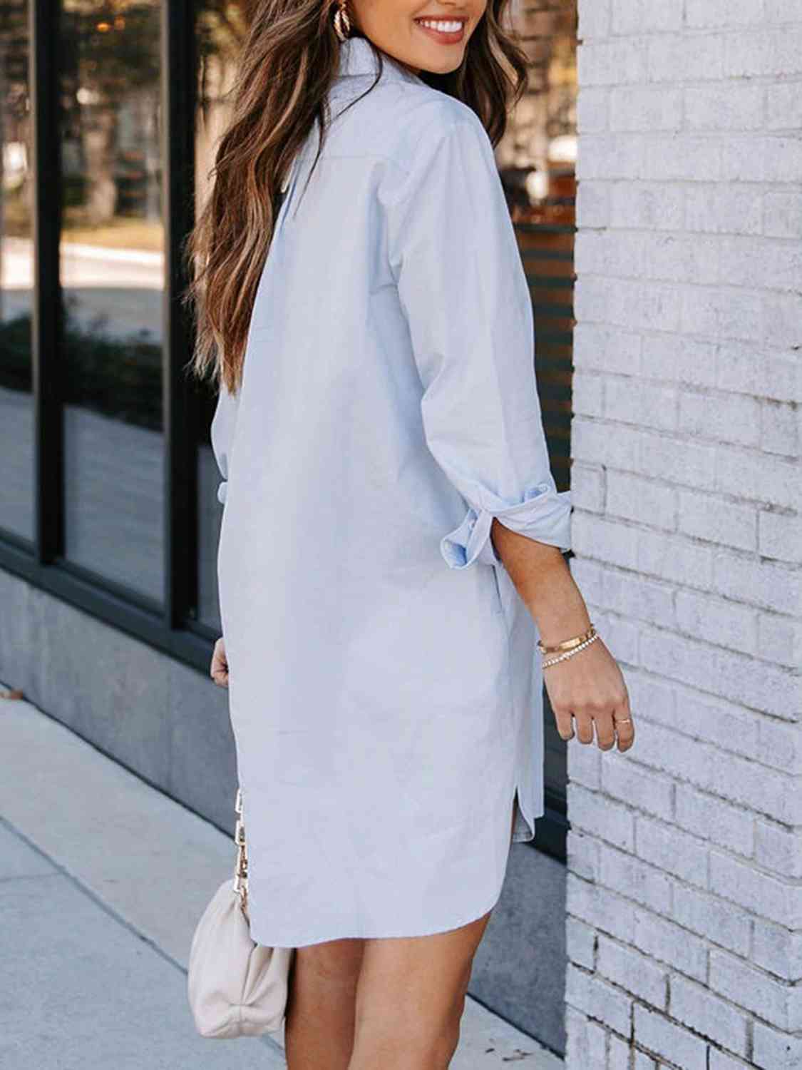Button Up Collared Neck Long Sleeve Shirt Dress - Loulou Boutique