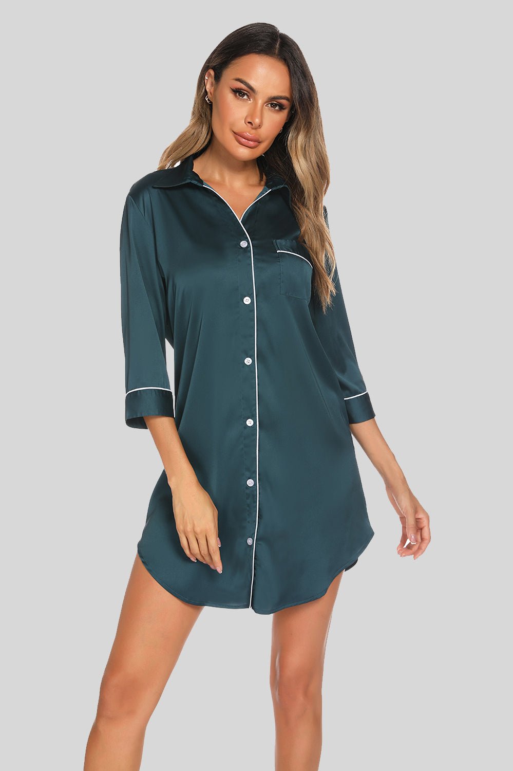 Button Up Collared Neck Night Dress with Pocket - Loulou Boutique