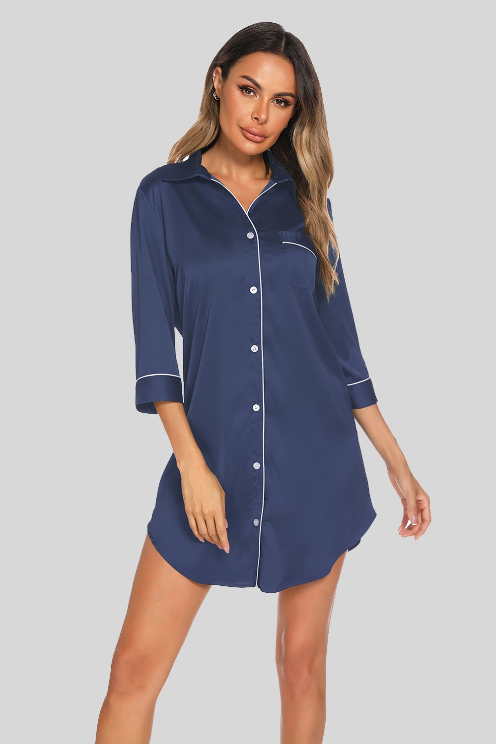 Button Up Collared Neck Night Dress with Pocket - Loulou Boutique