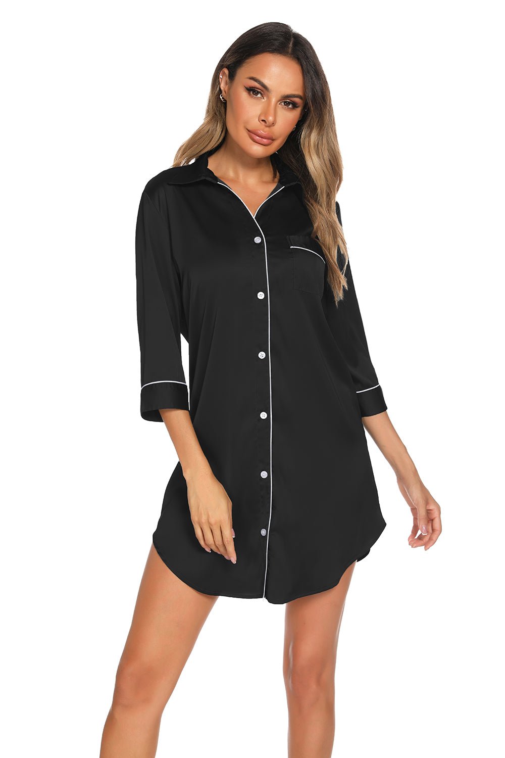 Button Up Collared Neck Night Dress with Pocket - Loulou Boutique