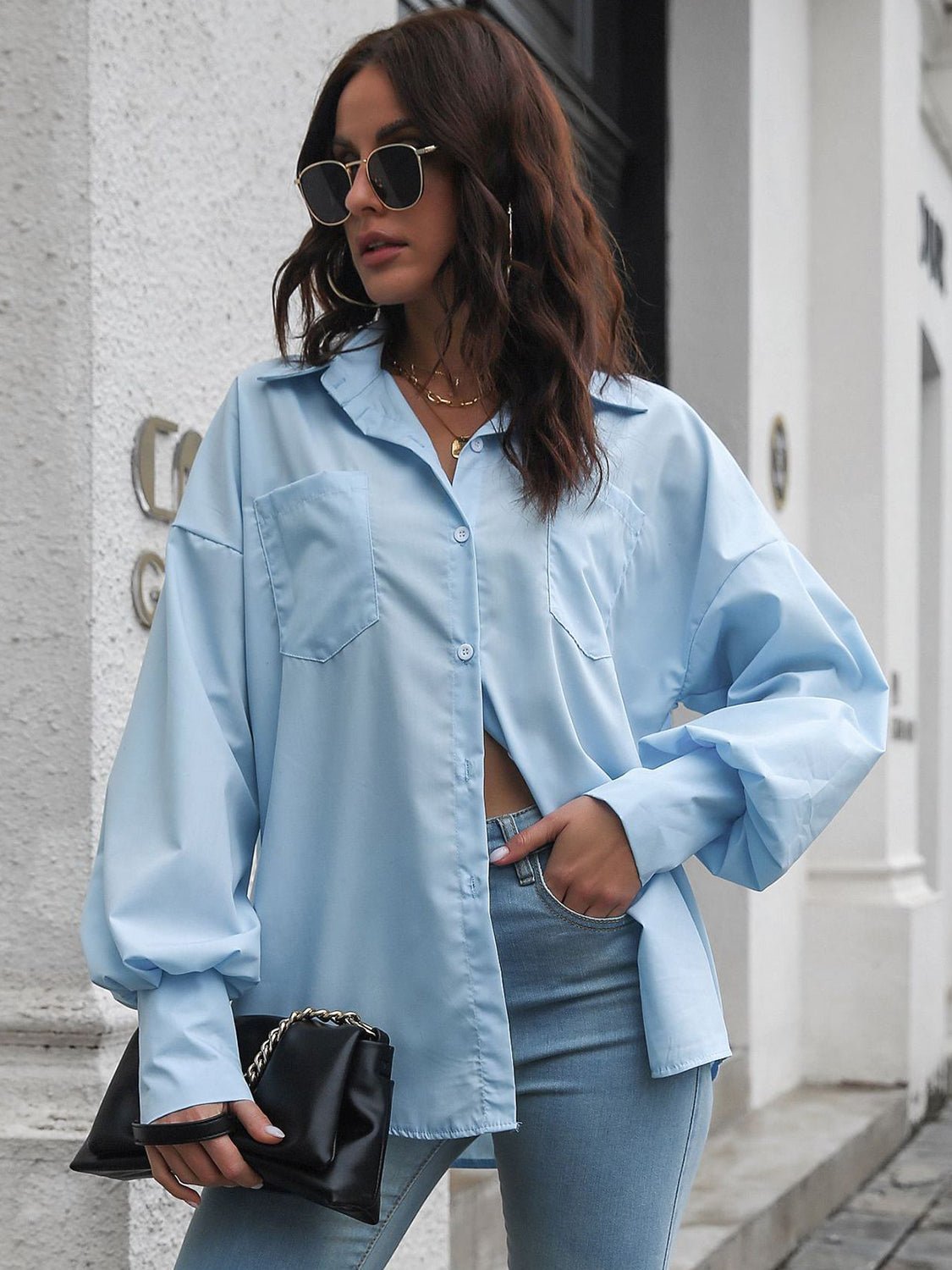 Button Up Dropped Shoulder Lantern Sleeve Shirt - Loulou Boutique