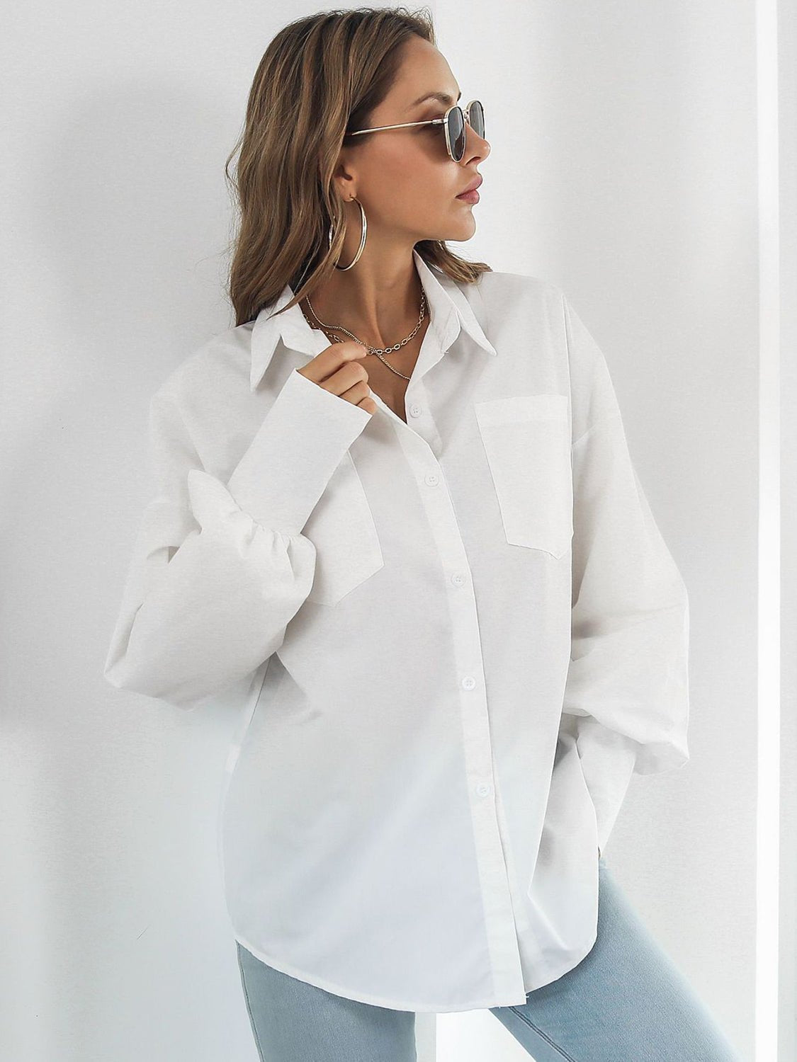 Button Up Dropped Shoulder Lantern Sleeve Shirt - Loulou Boutique