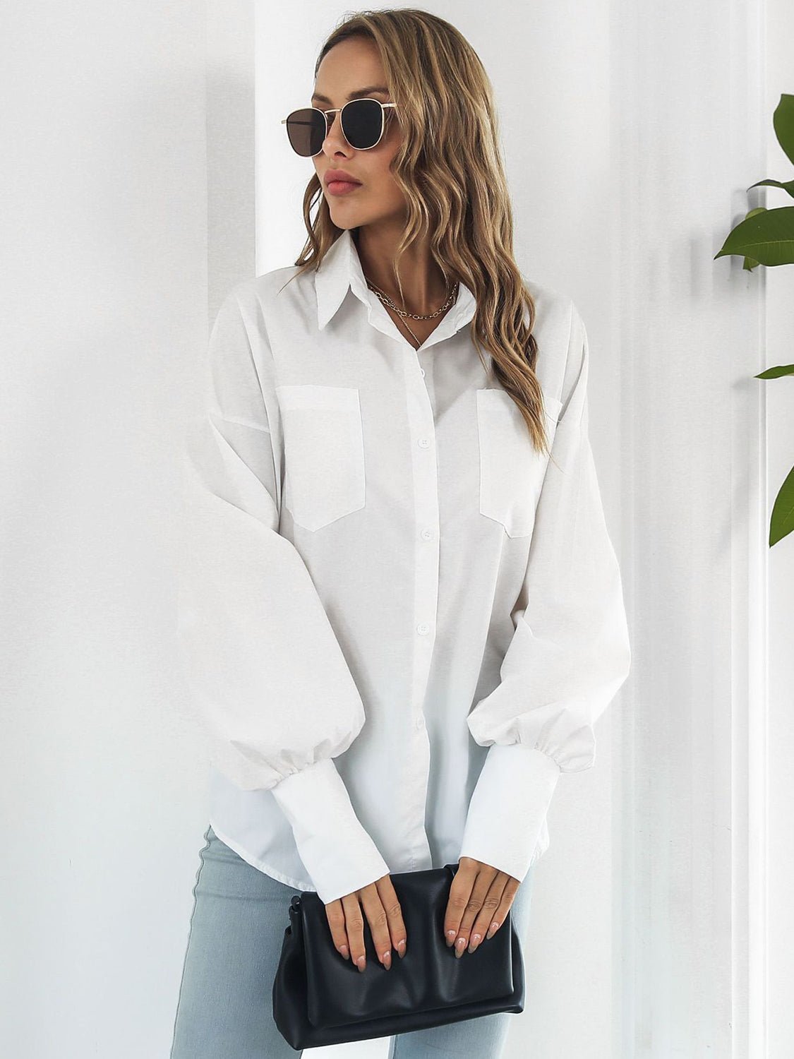 Button Up Dropped Shoulder Lantern Sleeve Shirt - Loulou Boutique