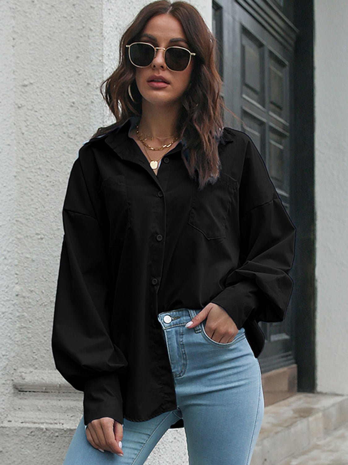 Button Up Dropped Shoulder Lantern Sleeve Shirt - Loulou Boutique