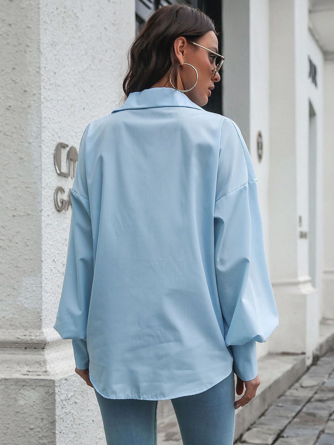 Button Up Dropped Shoulder Lantern Sleeve Shirt - Loulou Boutique