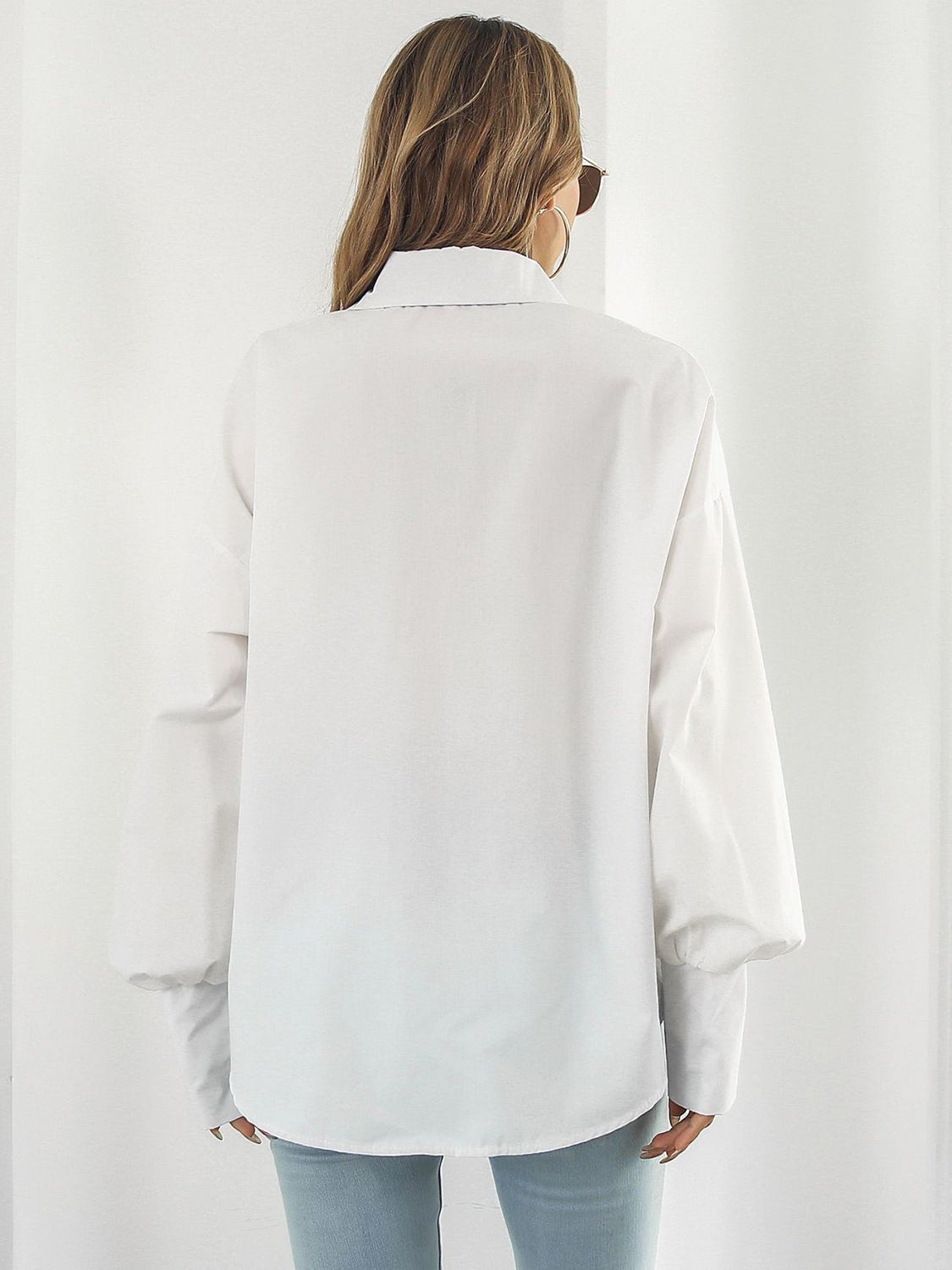 Button Up Dropped Shoulder Lantern Sleeve Shirt - Loulou Boutique