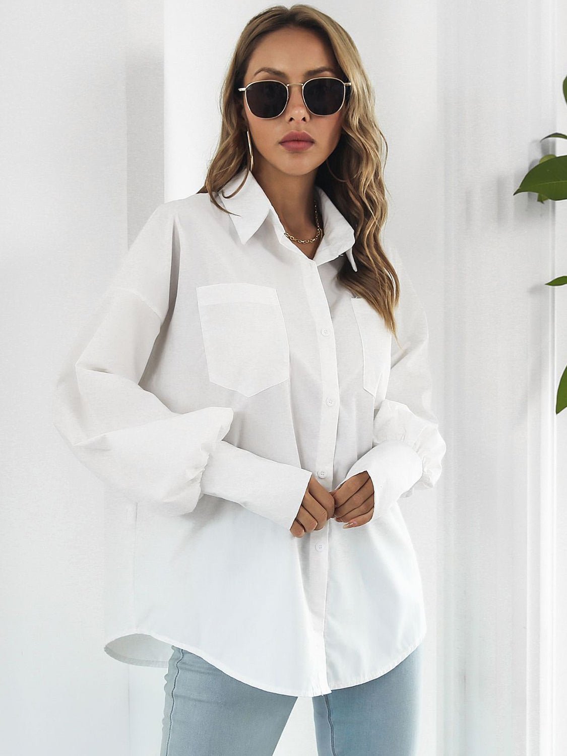 Button Up Dropped Shoulder Lantern Sleeve Shirt - Loulou Boutique