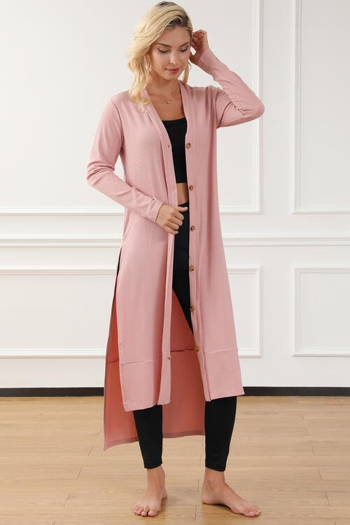 Button Up High - Low Long Sleeve Slit Cardigan - Loulou Boutique