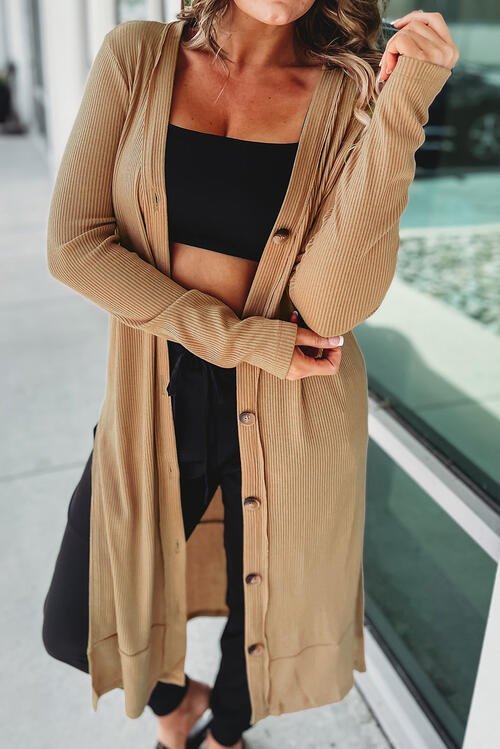 Button Up High - Low Long Sleeve Slit Cardigan - Loulou Boutique