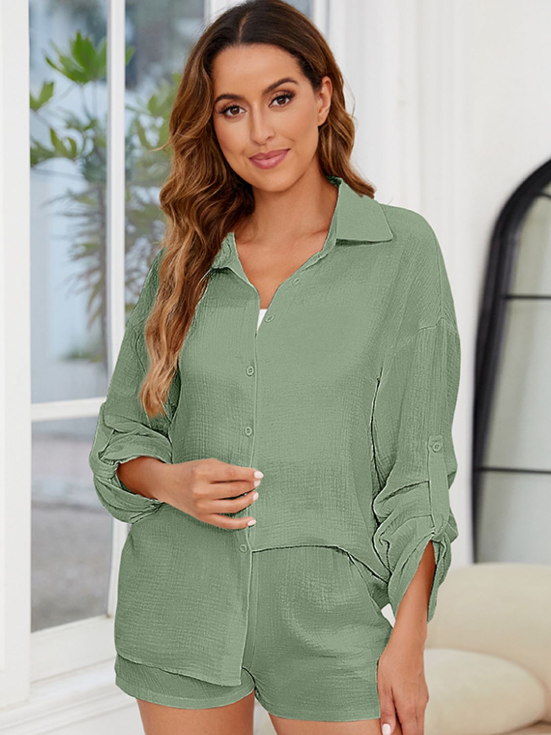 Button Up Long Sleeve Top and Shorts Set - Loulou Boutique