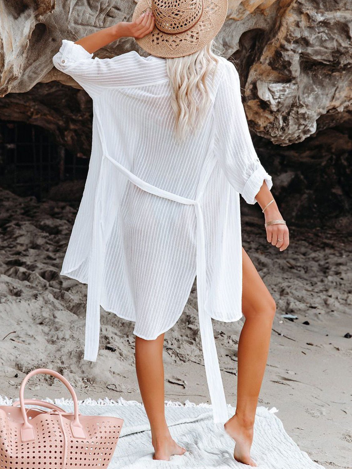 Button Up Roll-Tab Sleeve Cover-Up - Loulou Boutique